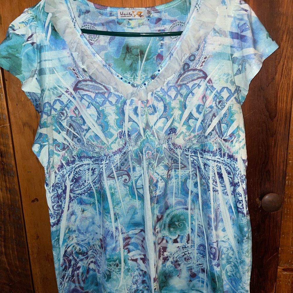 Unity World Wear Aqua and Teal Printed V-Neck Tunic